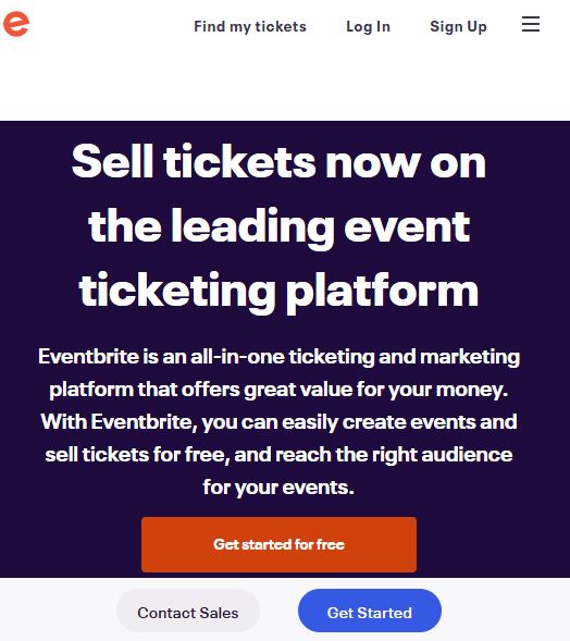 Eventbrite page titled "Sell tickets now the leading event ticketing platform"
